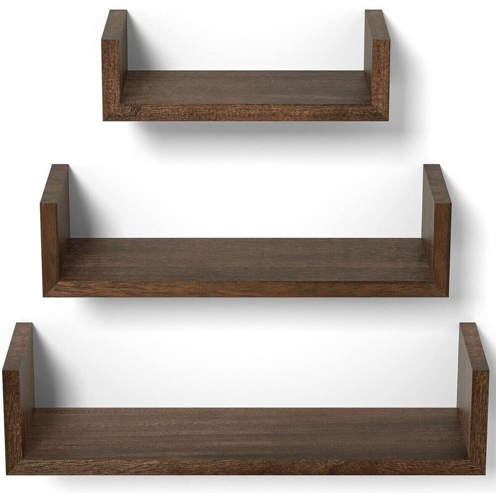 Floating Dark Brown Wood Wall Shelves Set Of 3 Modern Farmhouse Cottage